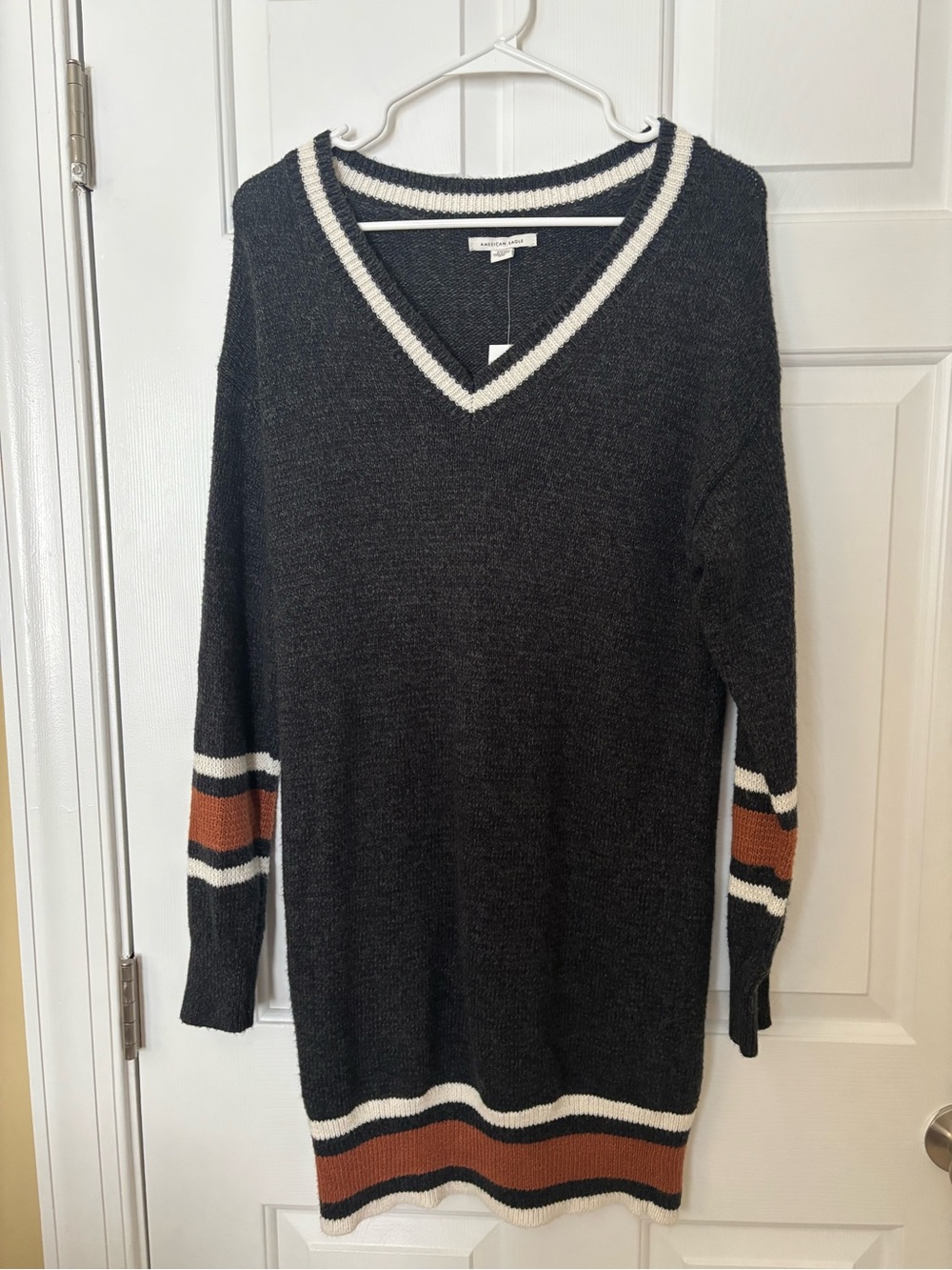 American Eagle Outfitters Charcoal V-Neck Sweater with Rust and Cream Stripes S